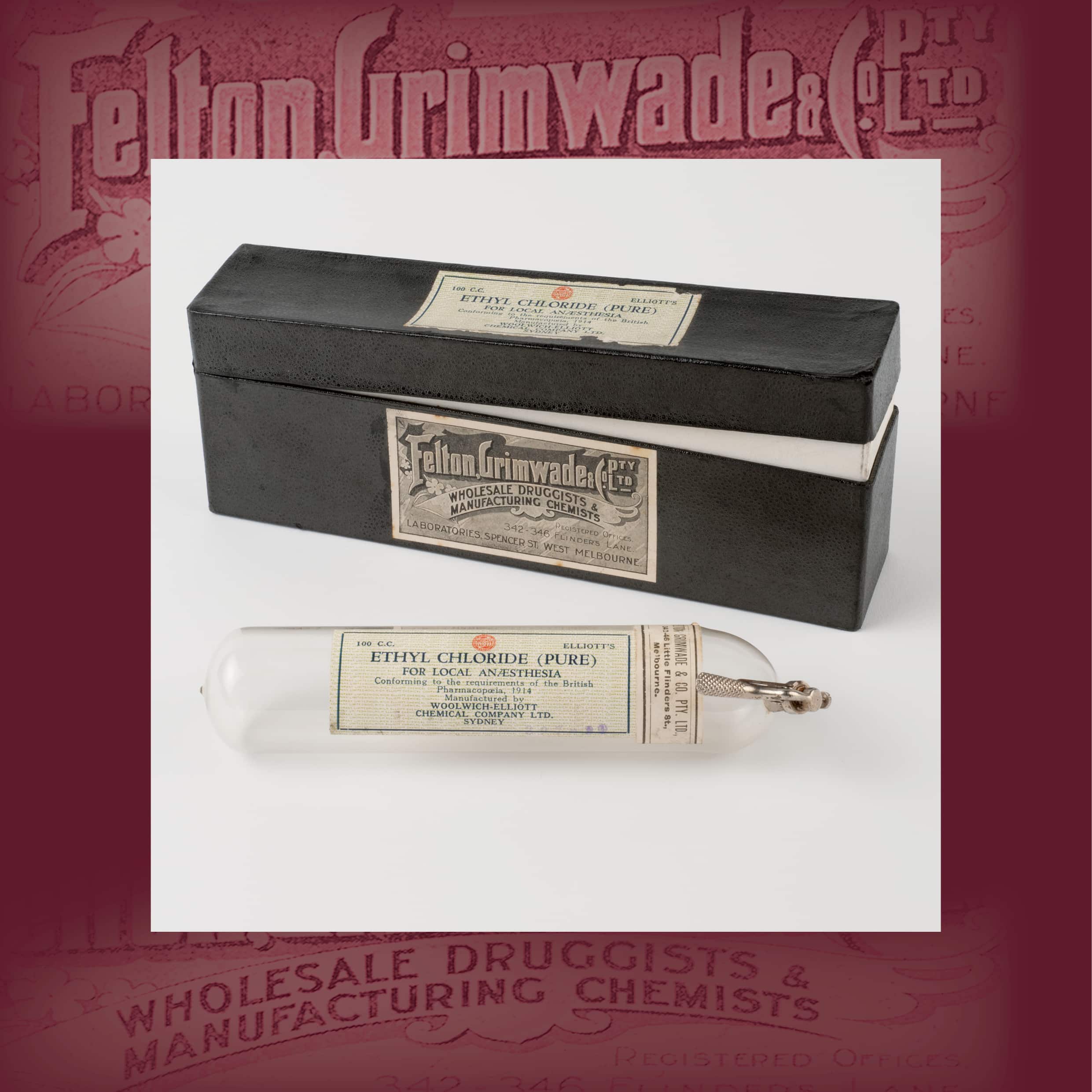 Woolwich-Elliott Chemical Company Ltd (Sydney, active 1929–65), distributed by Felton, Grimwade & Co. Pty Ltd (Melbourne, active 1867–1930), Ethyl chloride (pure) for local anaesthesia, c. 1929, paper, glass, cardboard, metal; box 7.0 × 20.5 × 4.3 cm; bottle 17.0 × 4.3 cm (diam.). MHM03722, Medical History Museum, University of Melbourne. 