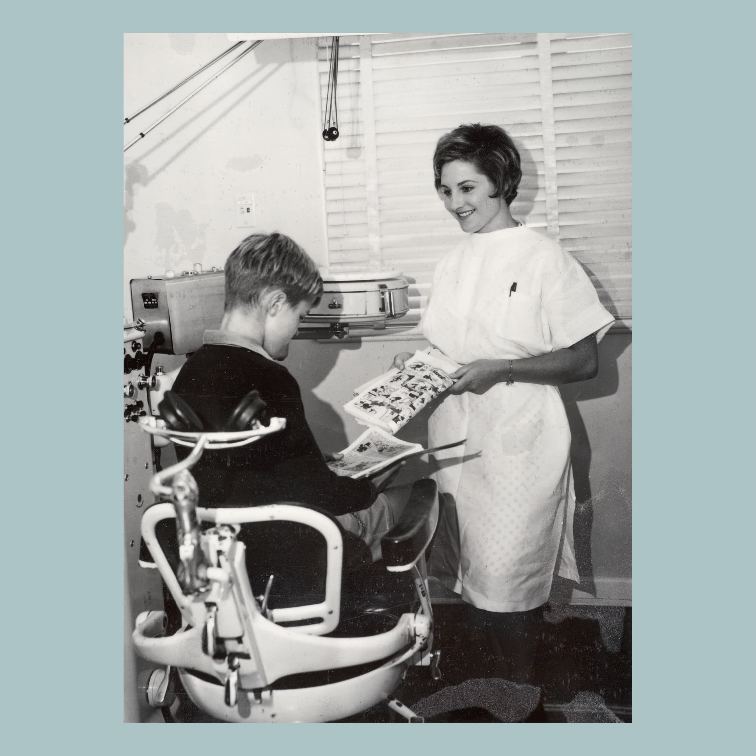 Victorian Department of Health, School Dental Service, School student in mobile van with dental therapist, c. 1970s, photograph, card, image 16.8 × 12.7 cm. HFADM 3794, Henry Forman Atkinson Dental Museum, University of Melbourne.  