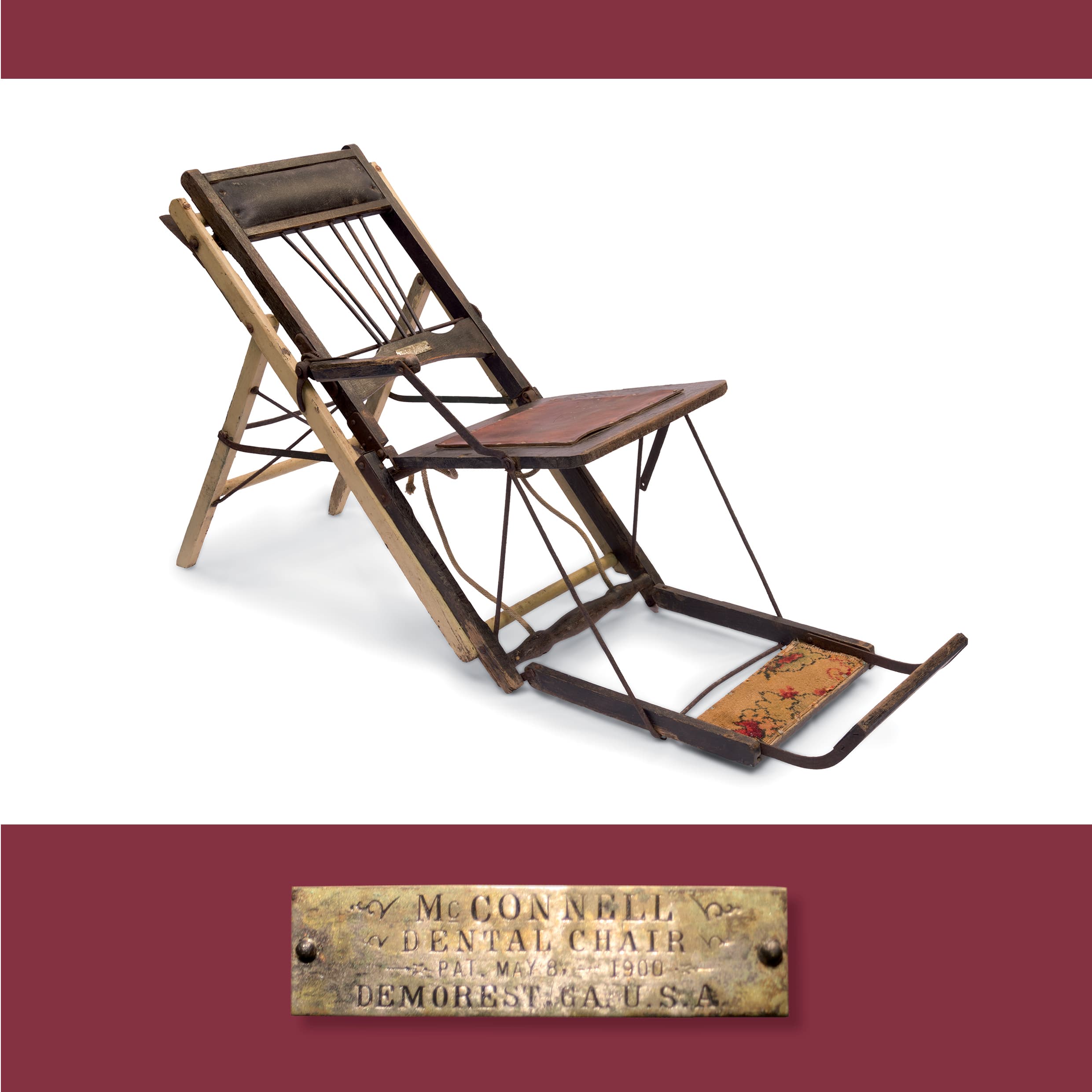 Southern Novelty Company (Demorest, Georgia, USA, est. 1899), McConnell portable dental chair, c. 1900, wood, leather, metal, fabric; 75.0 × 140.0 × 47.0 cm. HFADM 3651, acquired by Professor Henry Forman Atkinson, gift of David Atkinson and Mary White 2017, Henry Forman Atkinson Dental Museum, University of Melbourne. 
