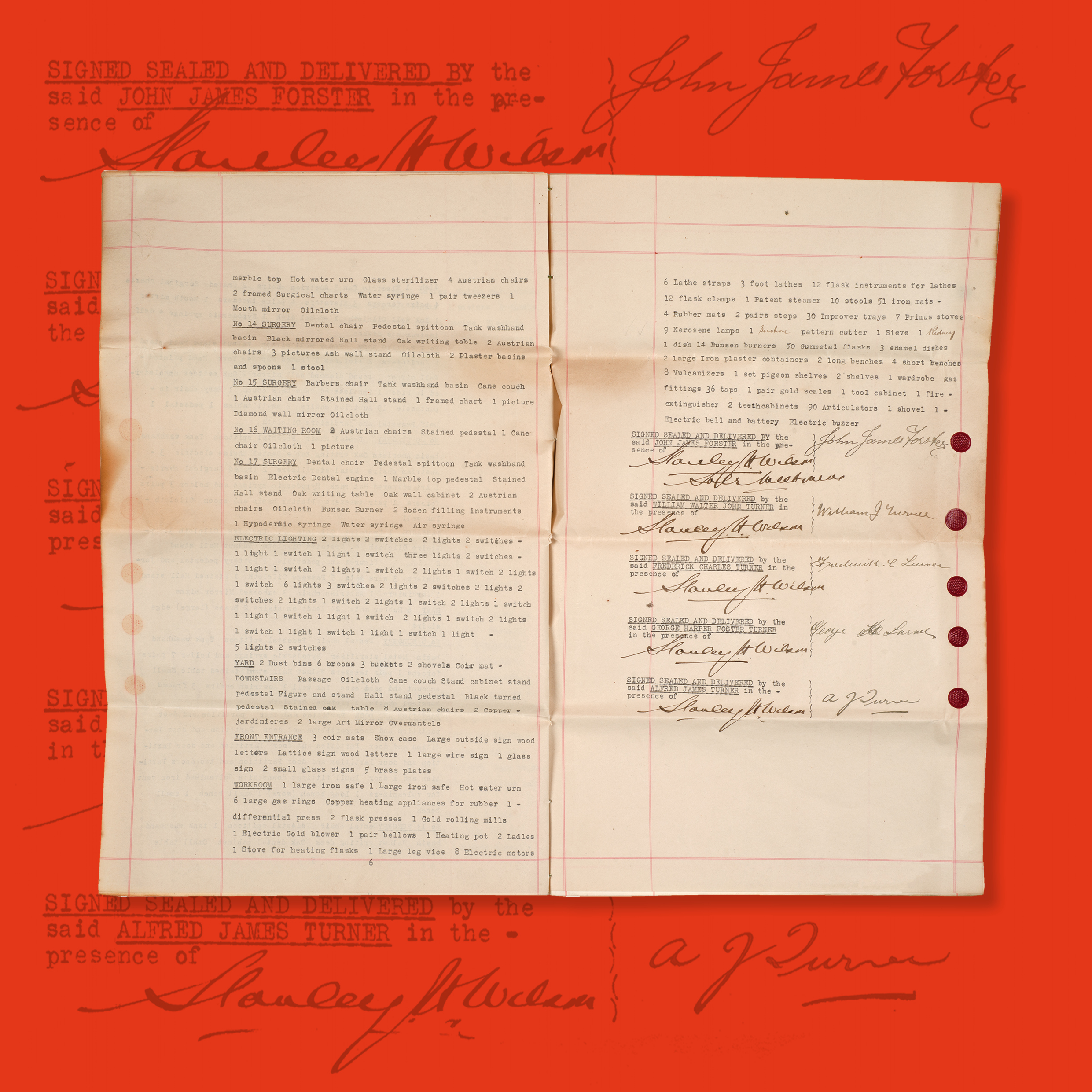 Pavey, Wilson & Cohen (Melbourne), Hire-purchase agreement, 1921, ink, wax, paper, string; 38.0 × 24.7 cm. HFADM 3752, gift of the family of George Harper Forster Turner 2019, Henry Forman Atkinson Dental Museum, University of Melbourne.  