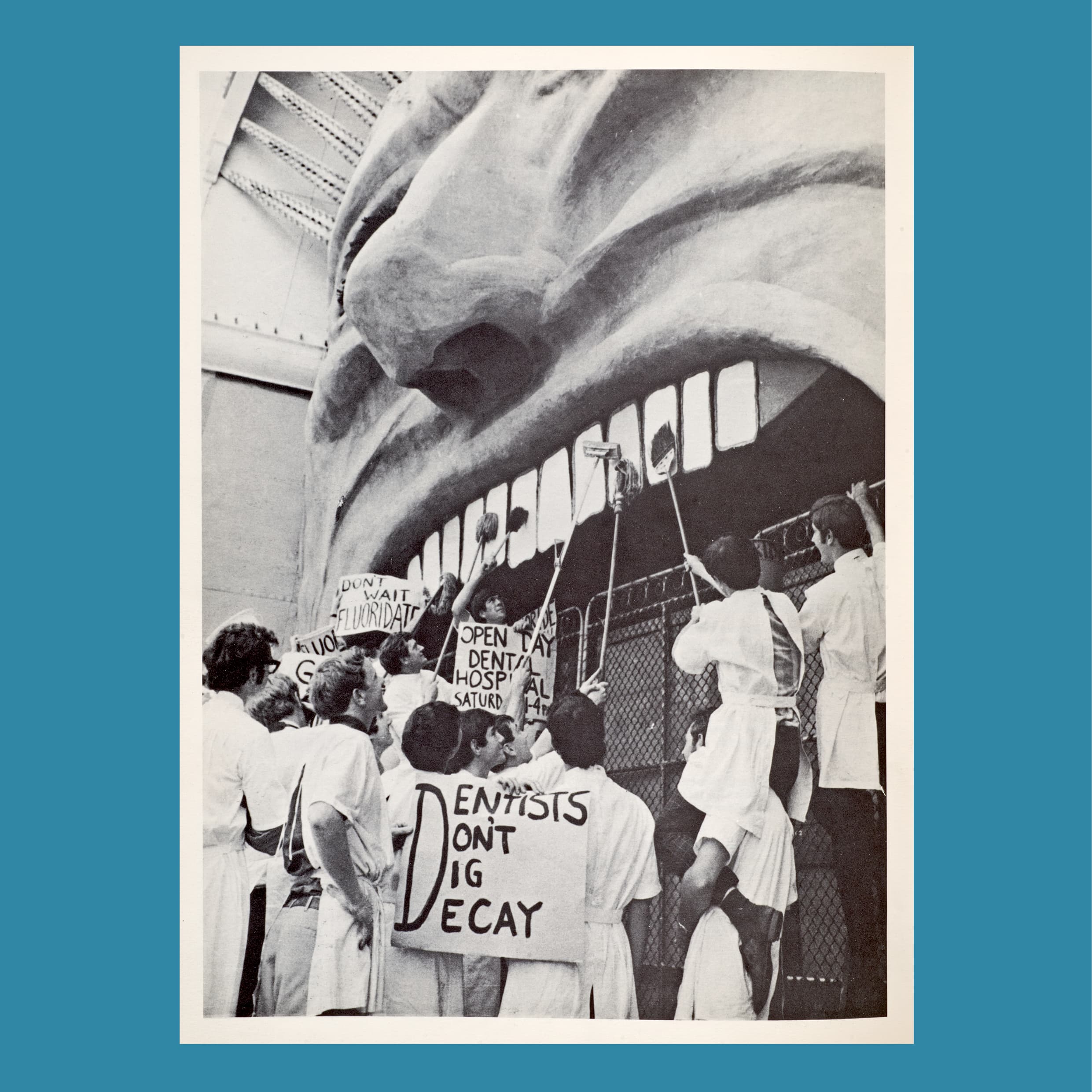 Melbourne Dental Students’ Society, Dentists don’t dig decay, published in The Mouth Mirror, 1969, print on paper, 26.0 × 20.5 cm. HFADM 3110.19, Henry Forman Atkinson Dental Museum, University of Melbourne.  

